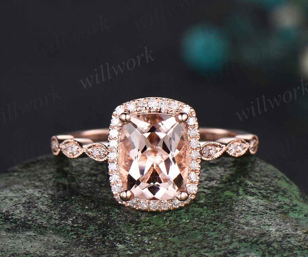 Vintage cushion cut morganite engagement ring set diamond halo milgrain half eternity wedding ring art deco bridal set
