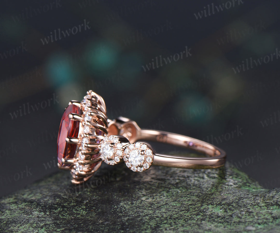Vintage oval garnet engagement ring art deco multi halo moissanite wedding ring unique bridal ring
