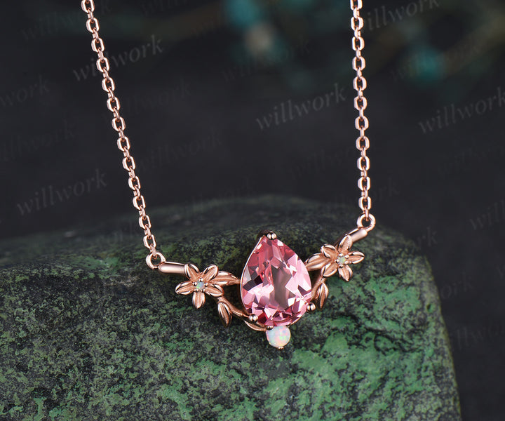 Pear cut padparadscha pendant necklace flower opals twig leaf pendant nature inspired pink sapphire necklace