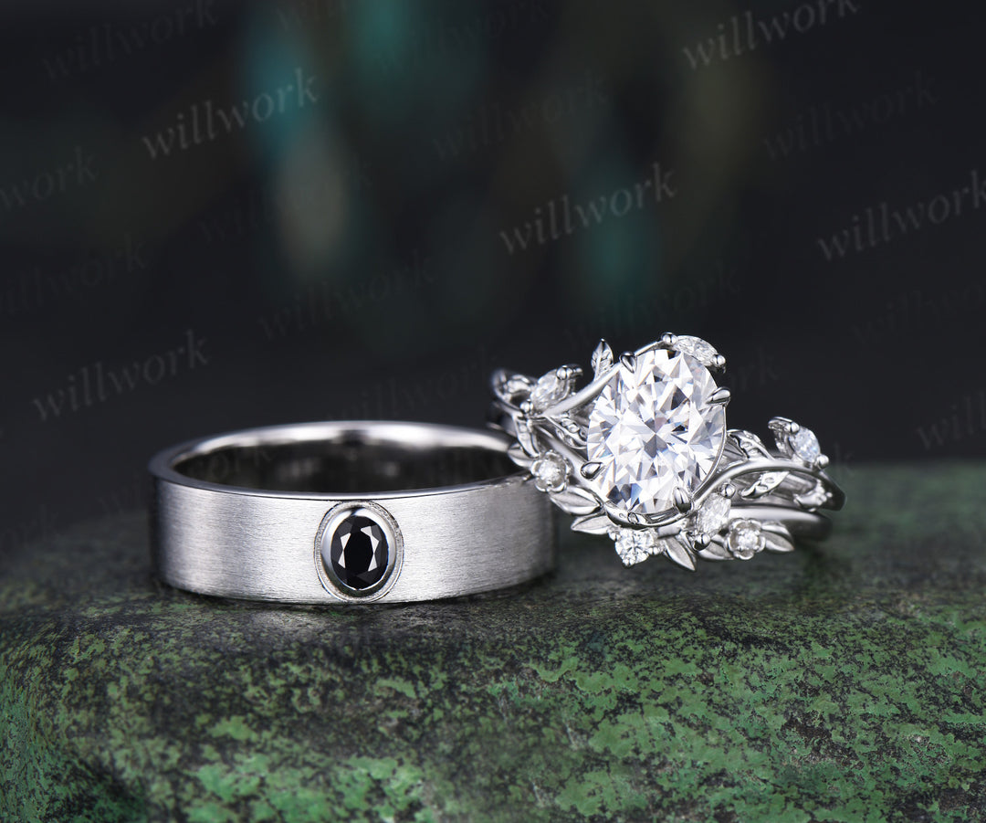 Vintage Oval Cut Moissanite Leaf Froral Ring Set & Brushed Finish Solitaire Moissanite Men Wedding Ring Nature Inspired Couple Ring Set