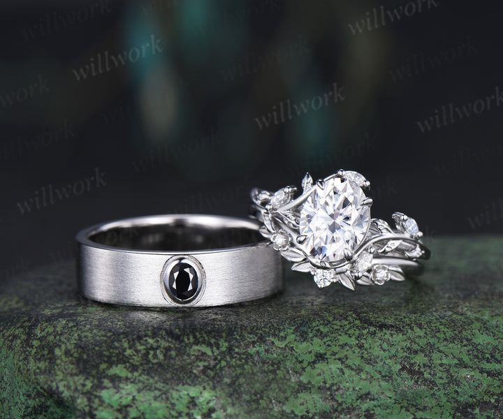 Vintage Oval Cut Moissanite Leaf Froral Ring Set & Brushed Finish Solitaire Moissanite Men Wedding Ring Nature Inspired Couple Ring Set