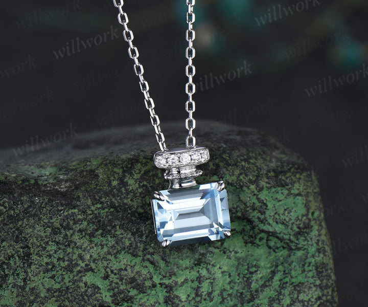 East to west emerald cut aquamarine perfume bottle necklace gemstone pendant wedding anniversary gifts for her