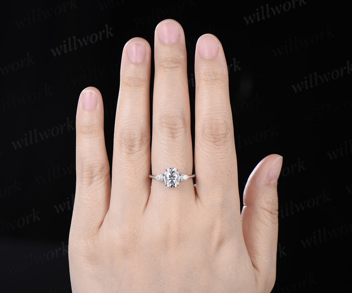 2ct oval cut moissanite engagement ring three stone pear moissanite accent promise ring gifts for her