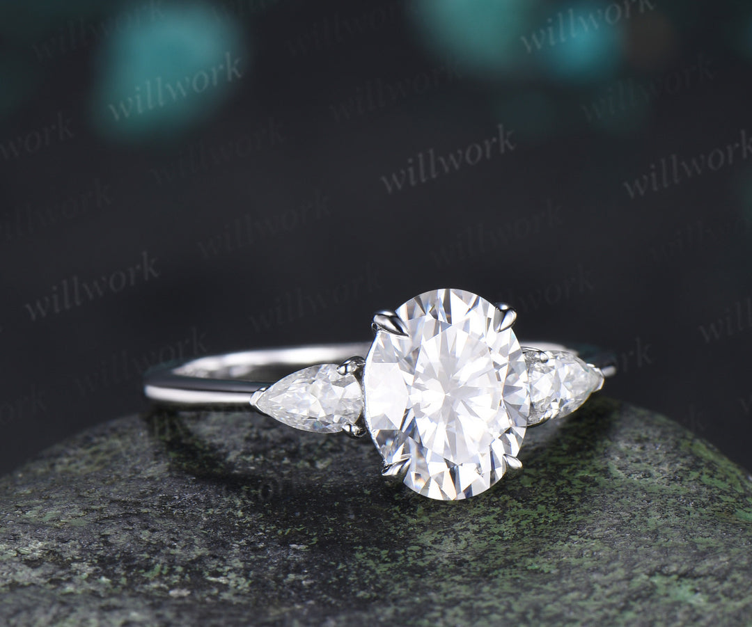 2ct oval cut moissanite engagement ring three stone pear moissanite accent promise ring gifts for her