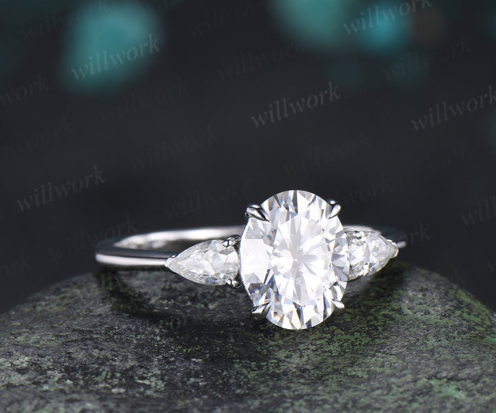 2ct oval cut moissanite engagement ring three stone pear moissanite accent promise ring gifts for her