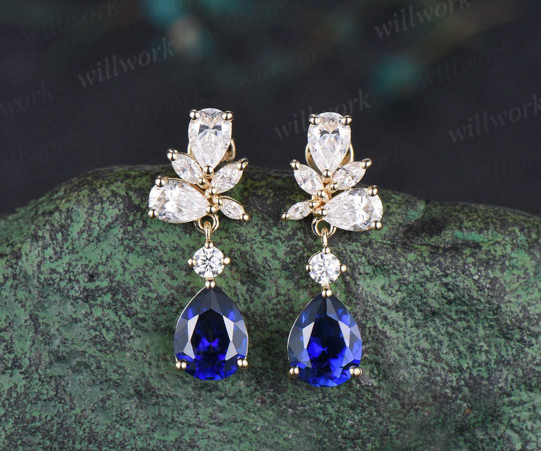 Pear cut blue sapphire earrings solid 14k white gold cluster diamond opal drop earrings women jewelry anniversary gift for her