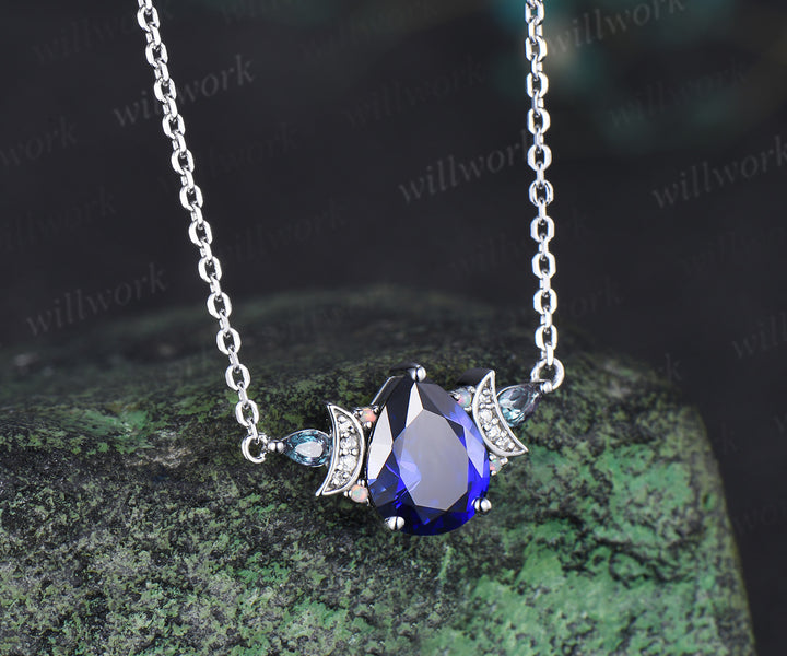 Pear cut blue sapphire pendant necklace moon deco moissanite pear alexandrite opals charm pendant September birthstone gifts