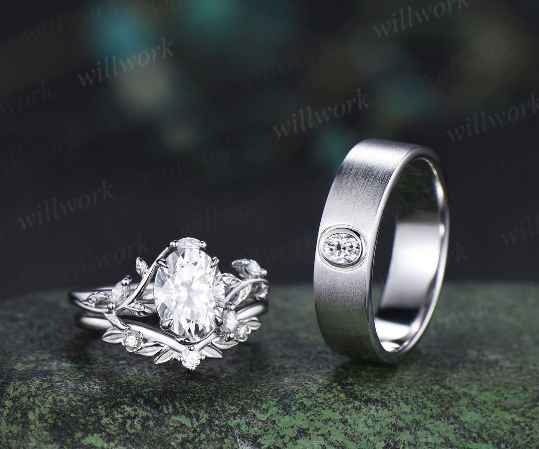 Oval Cut Moissanite Leaf Floral Ring Set & Brushed Finish Solitaire Men Wedding Ring Nature Inspired Couple Ring Set