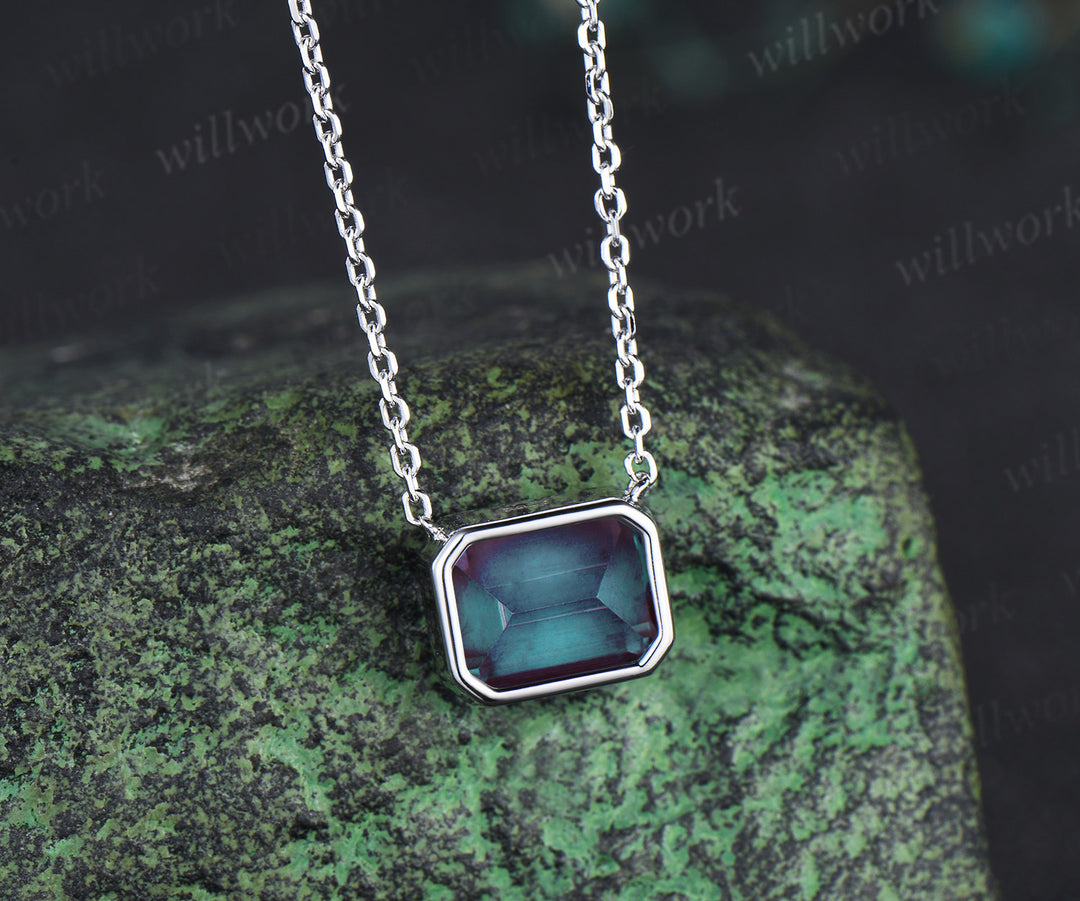 Bezel emerald cut alexandrite pendant minimalist solitare pendant necklace June birthstone gifts for women