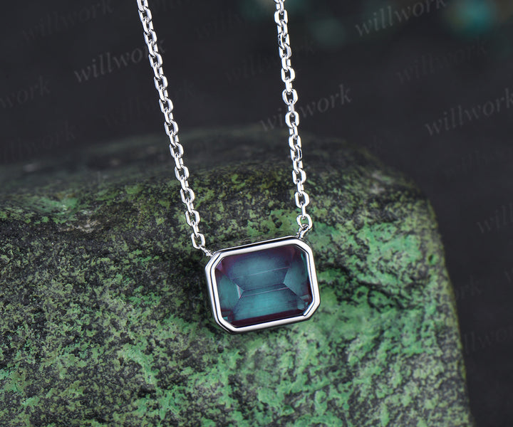Bezel emerald cut alexandrite pendant minimalist solitare pendant necklace June birthstone gifts for women