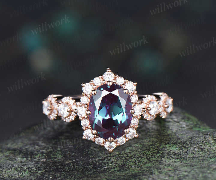 Retro oval cut alexandrite engagement ring art deco multi halo moissanite wedding ring unique bridal ring