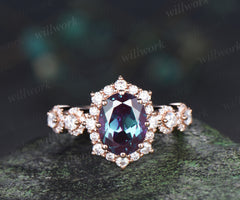 Retro oval cut alexandrite engagement ring art deco multi halo moissanite wedding ring unique bridal ring