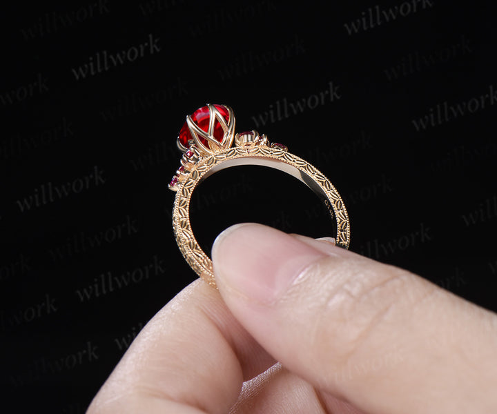 Vintage Oval Ruby Tulip Setting Ring with Floral Basket Filigree Band Milgrain Ruby Cluster Engagement Ring