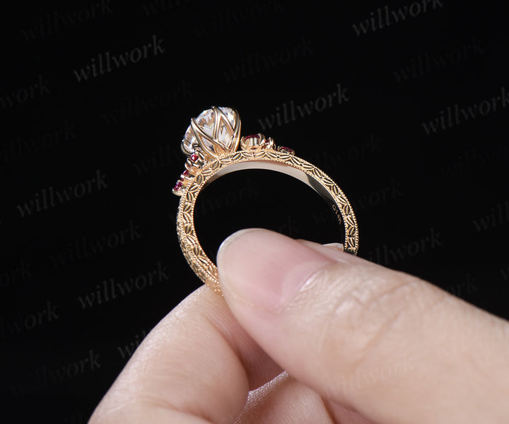 Vintage Oval Moissanite Tulip Setting Ring with Floral Basket Filigree Band Milgrain Ruby Cluster Hand-carved Engagement Ring