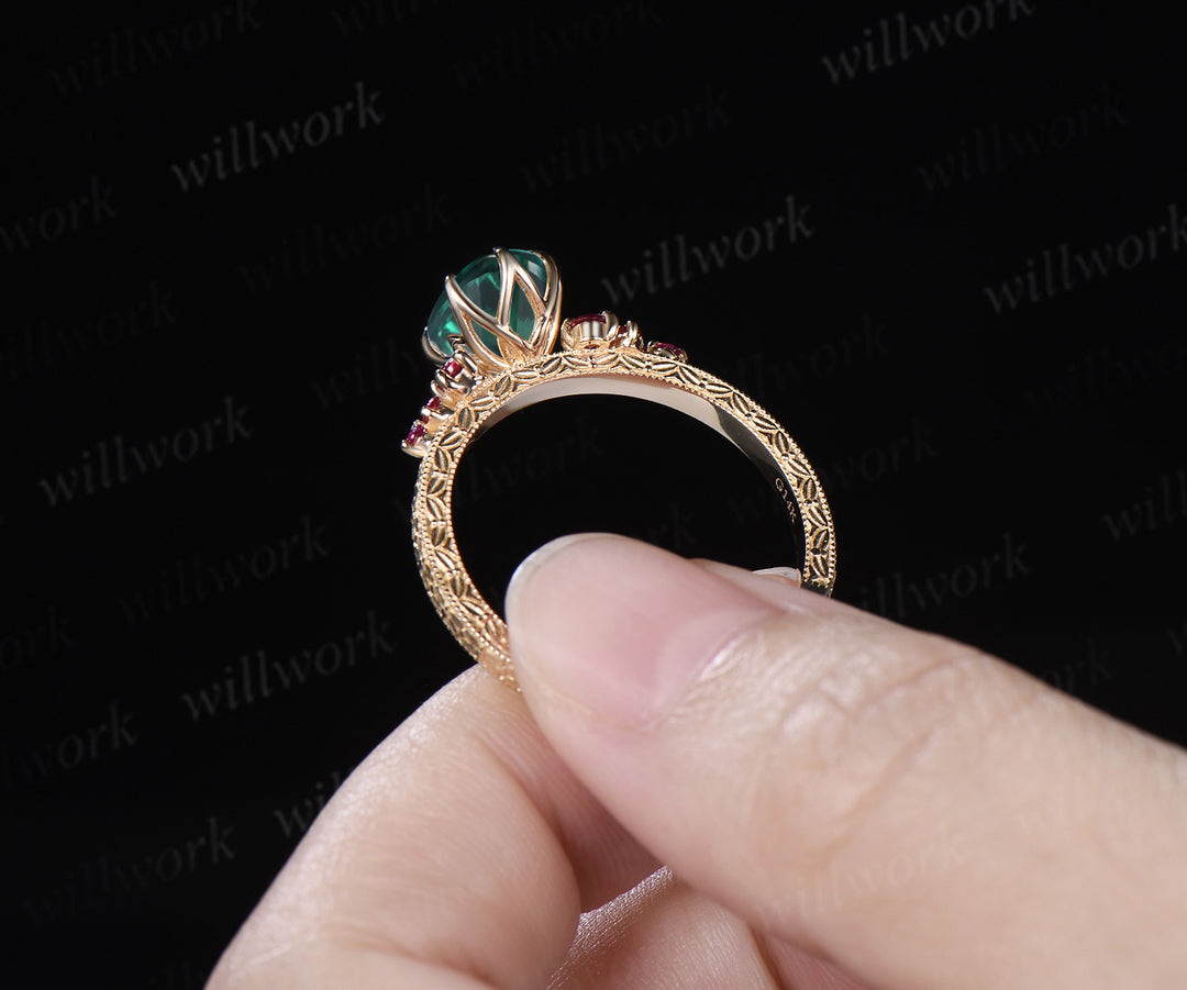Vintage Oval Emerald Tulip Setting Ring Floral Basket Filigree Band Milgrain Ruby Cluster Hand-engraved Engagement Ring