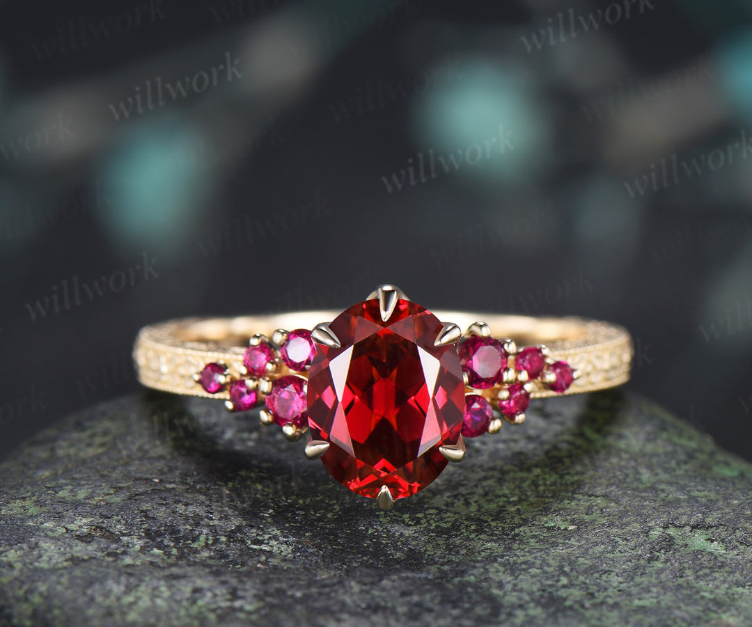 Vintage Oval Ruby Tulip Setting Ring with Floral Basket Filigree Band Milgrain Ruby Cluster Engagement Ring