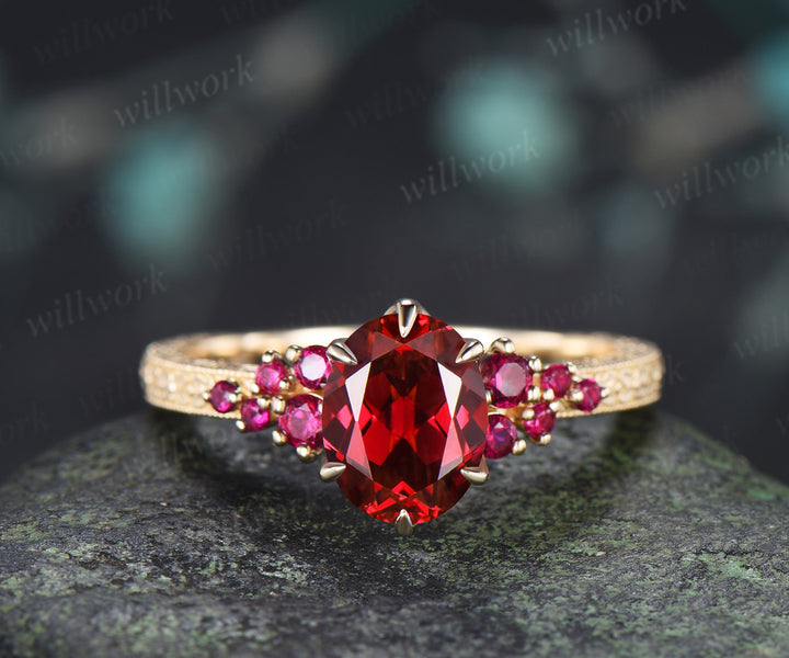 Vintage Oval Ruby Tulip Setting Ring with Floral Basket Filigree Band Milgrain Ruby Cluster Engagement Ring