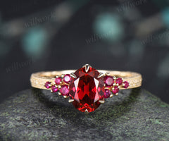 Vintage Oval Ruby Tulip Setting Ring with Floral Basket Filigree Band Milgrain Ruby Cluster Engagement Ring