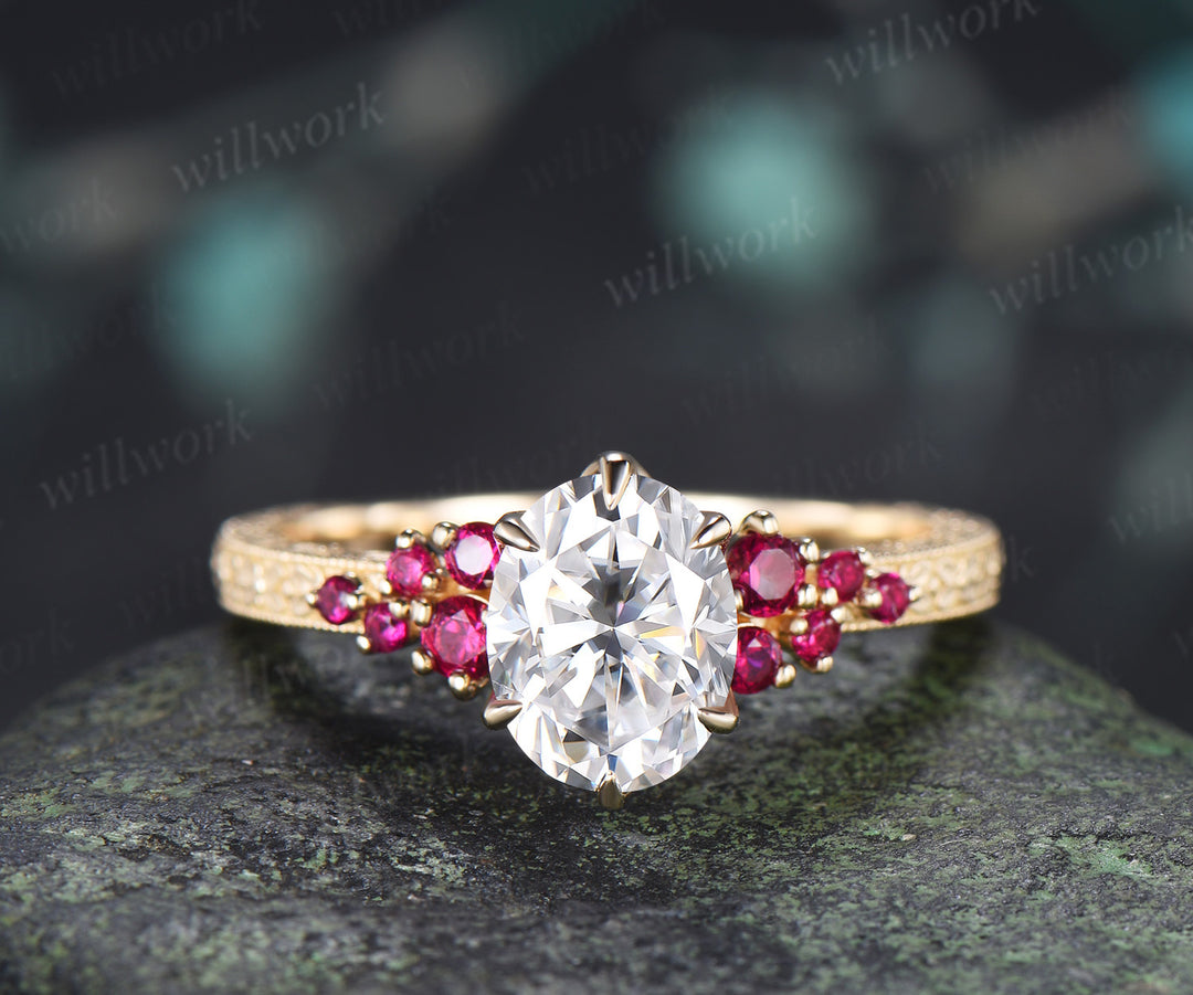 Vintage Oval Moissanite Tulip Setting Ring with Floral Basket Filigree Band Milgrain Ruby Cluster Hand-carved Engagement Ring