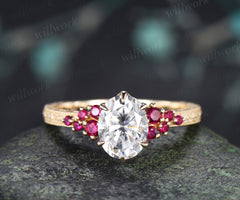 Vintage Oval Moissanite Tulip Setting Ring with Floral Basket Filigree Band Milgrain Ruby Cluster Hand-carved Engagement Ring