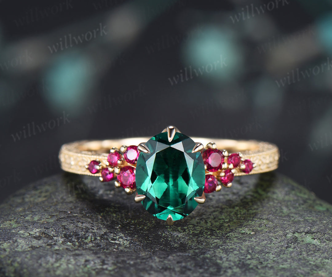 Vintage Oval Emerald Tulip Setting Ring Floral Basket Filigree Band Milgrain Ruby Cluster Hand-engraved Engagement Ring