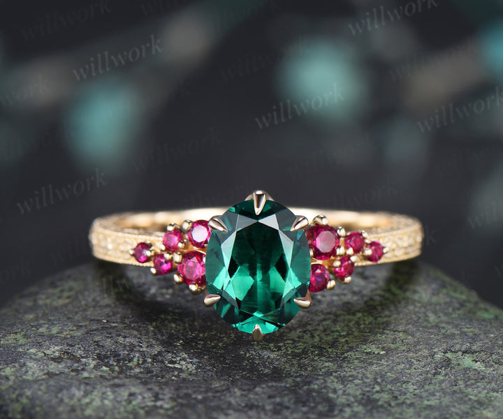 Vintage Oval Emerald Tulip Setting Ring Floral Basket Filigree Band Milgrain Ruby Cluster Hand-engraved Engagement Ring