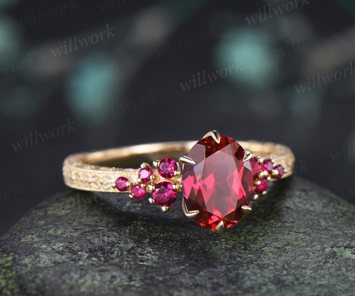 Vintage Oval Ruby Tulip Setting Ring with Floral Basket Filigree Band Milgrain Ruby Cluster Engagement Ring