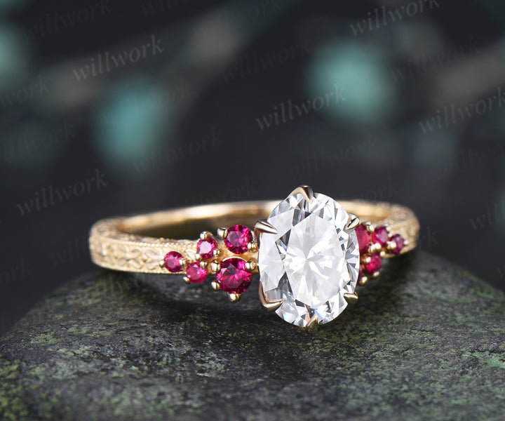 Vintage Oval Moissanite Tulip Setting Ring with Floral Basket Filigree Band Milgrain Ruby Cluster Hand-carved Engagement Ring