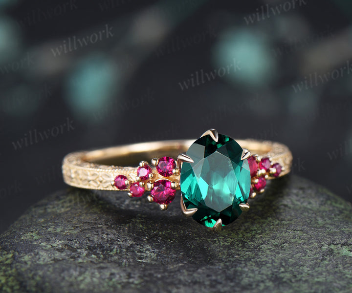 Vintage Oval Emerald Tulip Setting Ring Floral Basket Filigree Band Milgrain Ruby Cluster Hand-engraved Engagement Ring