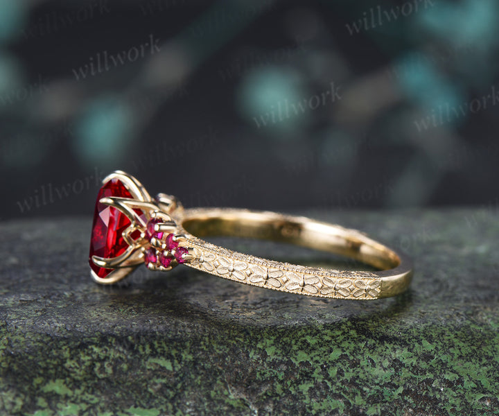 Vintage Oval Ruby Tulip Setting Ring with Floral Basket Filigree Band Milgrain Ruby Cluster Engagement Ring