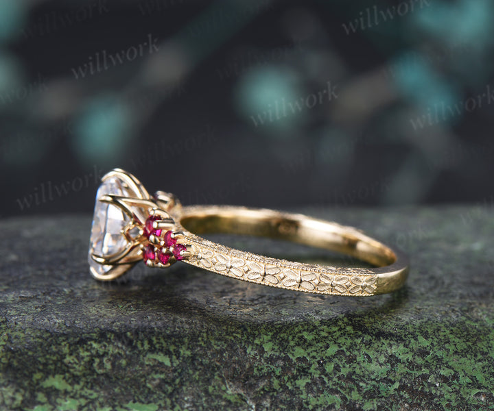 Vintage Oval Moissanite Tulip Setting Ring with Floral Basket Filigree Band Milgrain Ruby Cluster Hand-carved Engagement Ring