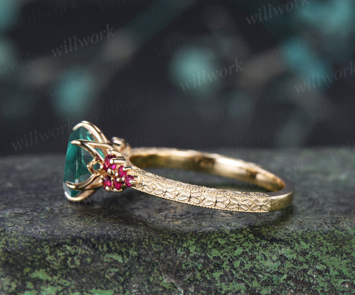 Vintage Oval Emerald Tulip Setting Ring Floral Basket Filigree Band Milgrain Ruby Cluster Hand-engraved Engagement Ring