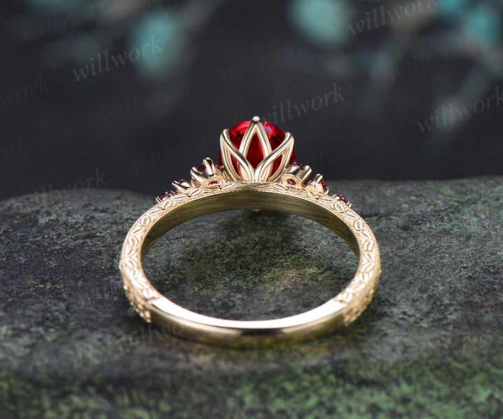 Vintage Oval Ruby Tulip Setting Ring with Floral Basket Filigree Band Milgrain Ruby Cluster Engagement Ring