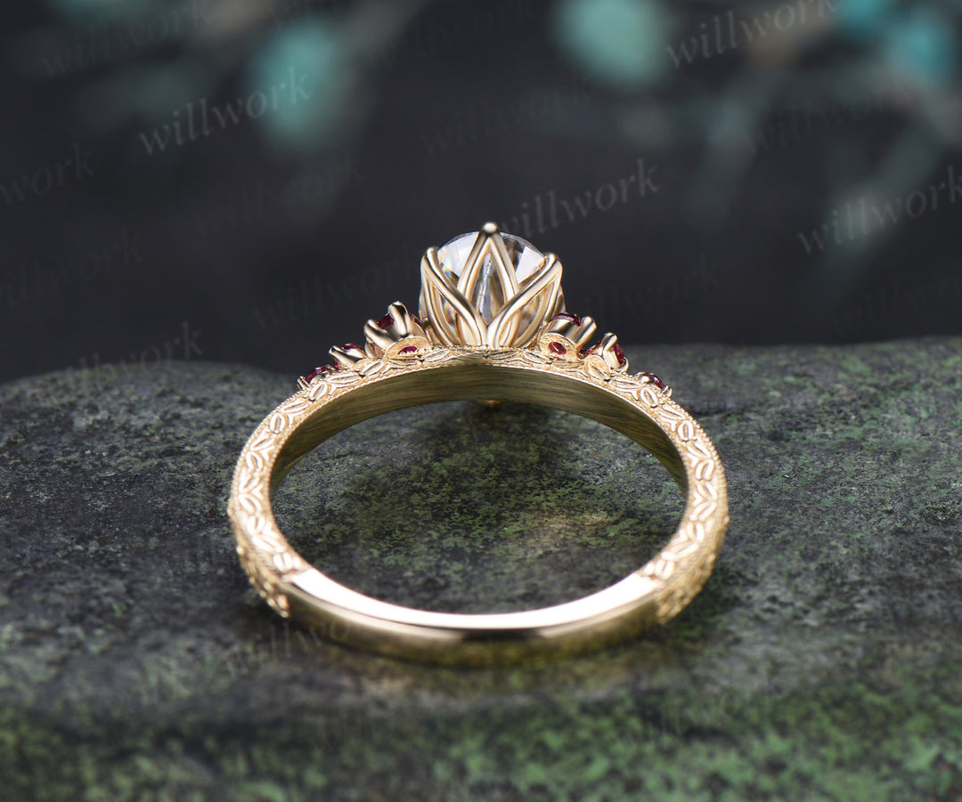 Vintage Oval Moissanite Tulip Setting Ring with Floral Basket Filigree Band Milgrain Ruby Cluster Hand-carved Engagement Ring