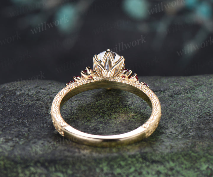 Vintage Oval Moissanite Tulip Setting Ring with Floral Basket Filigree Band Milgrain Ruby Cluster Hand-carved Engagement Ring