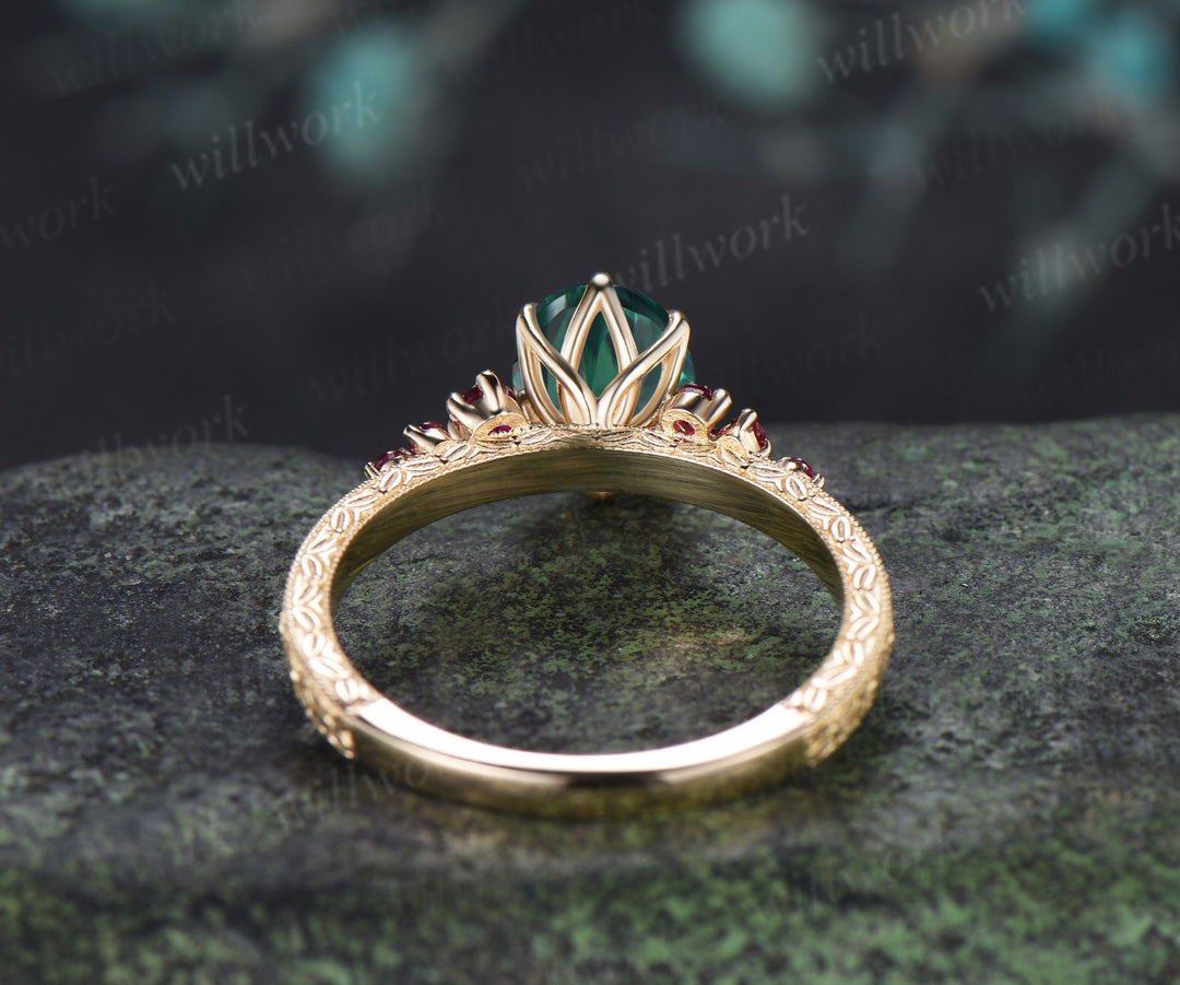 Vintage Oval Emerald Tulip Setting Ring Floral Basket Filigree Band Milgrain Ruby Cluster Hand-engraved Engagement Ring