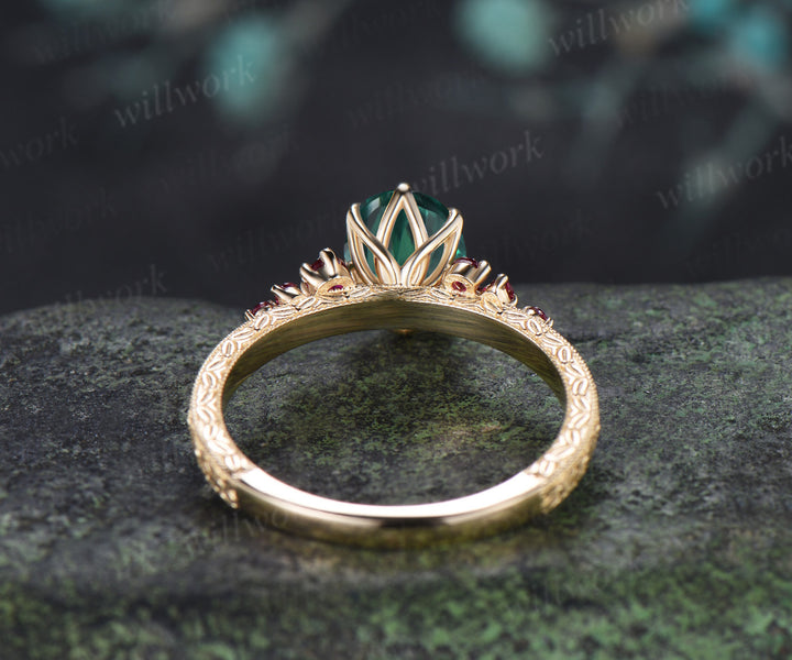 Vintage Oval Emerald Tulip Setting Ring Floral Basket Filigree Band Milgrain Ruby Cluster Hand-engraved Engagement Ring