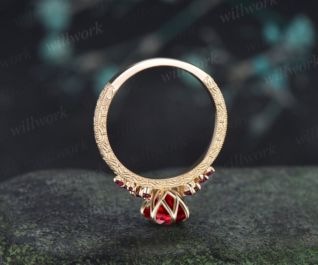 Vintage Oval Ruby Tulip Setting Ring with Floral Basket Filigree Band Milgrain Ruby Cluster Engagement Ring