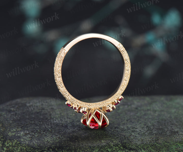 Vintage Oval Ruby Tulip Setting Ring with Floral Basket Filigree Band Milgrain Ruby Cluster Engagement Ring