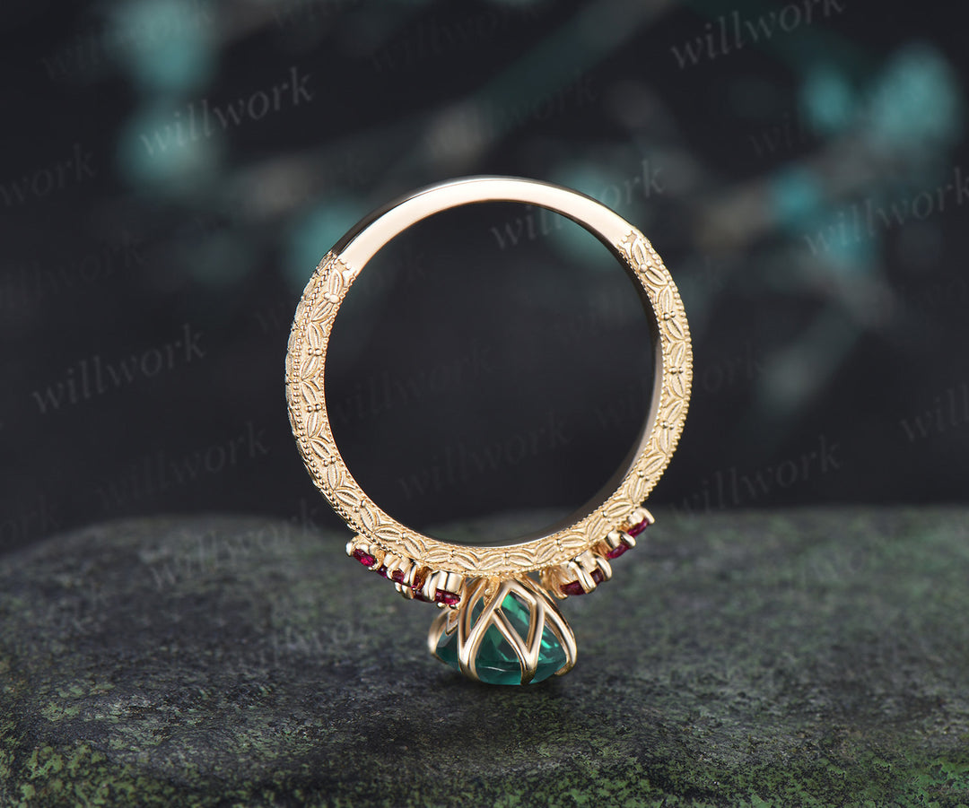 Vintage Oval Emerald Tulip Setting Ring Floral Basket Filigree Band Milgrain Ruby Cluster Hand-engraved Engagement Ring