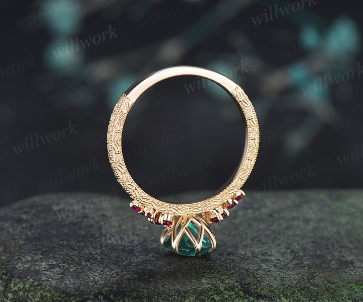 Vintage Oval Emerald Tulip Setting Ring Floral Basket Filigree Band Milgrain Ruby Cluster Hand-engraved Engagement Ring