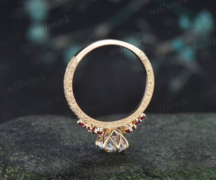 Vintage Oval Moissanite Tulip Setting Ring with Floral Basket Filigree Band Milgrain Ruby Cluster Hand-carved Engagement Ring