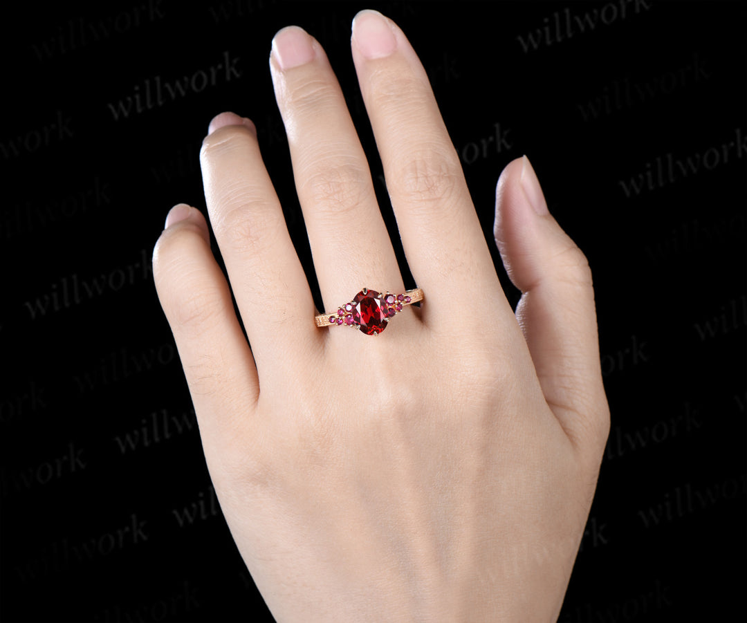 Vintage Oval Ruby Tulip Setting Ring with Floral Basket Filigree Band Milgrain Ruby Cluster Engagement Ring