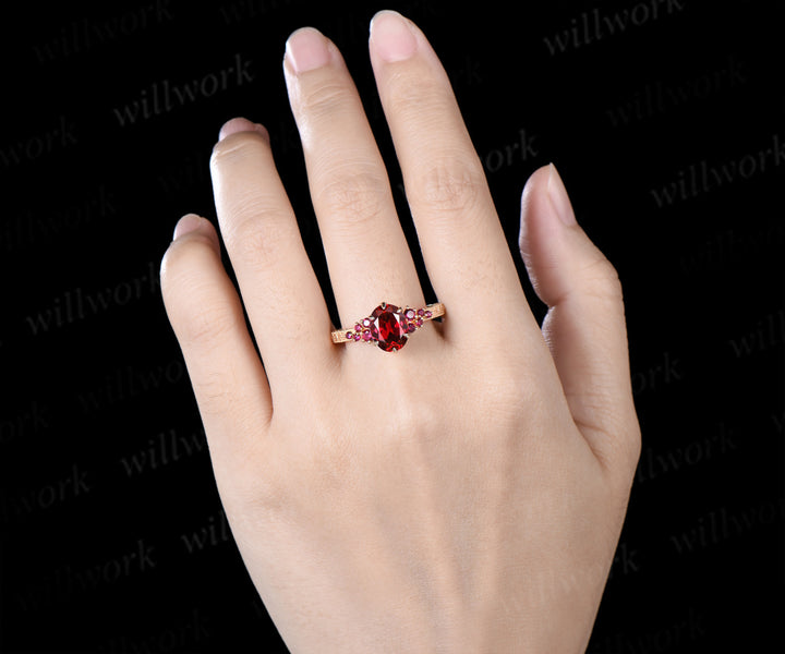 Vintage Oval Ruby Tulip Setting Ring with Floral Basket Filigree Band Milgrain Ruby Cluster Engagement Ring