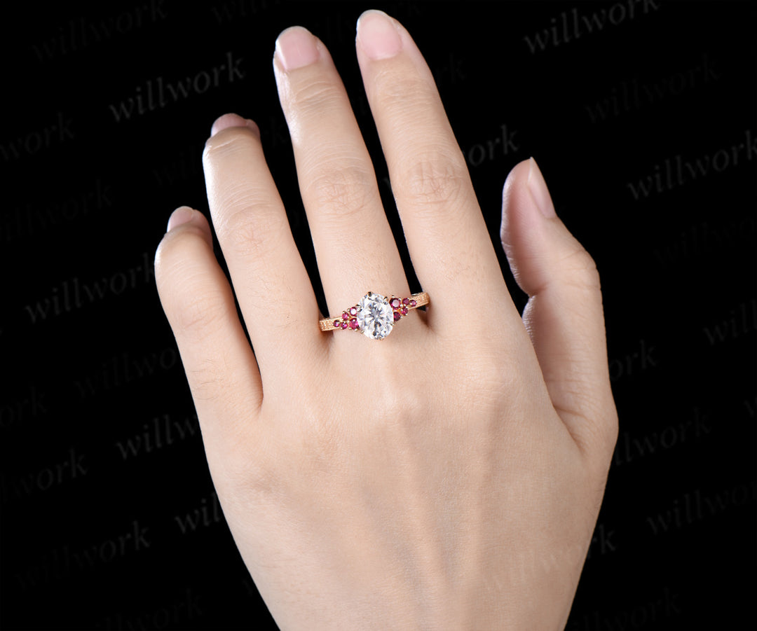 Vintage Oval Moissanite Tulip Setting Ring with Floral Basket Filigree Band Milgrain Ruby Cluster Hand-carved Engagement Ring