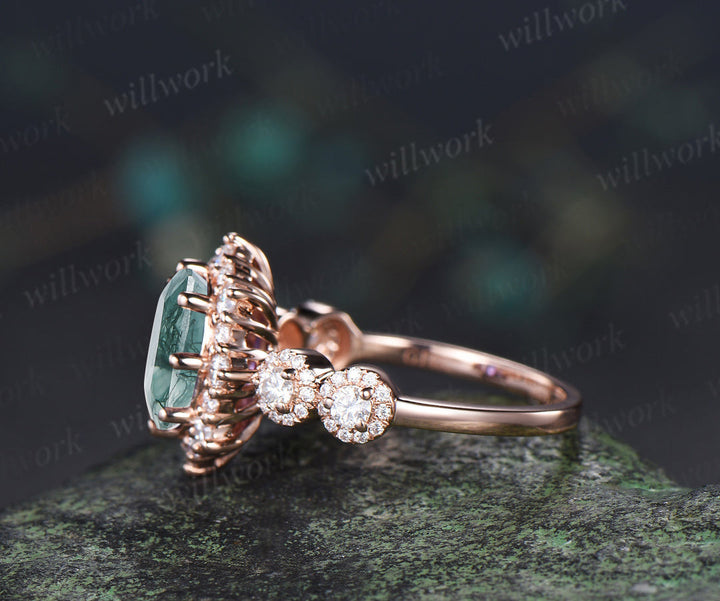 Vintage oval cue moss agate engagement ring art deco unique halo moissanite bridal ring