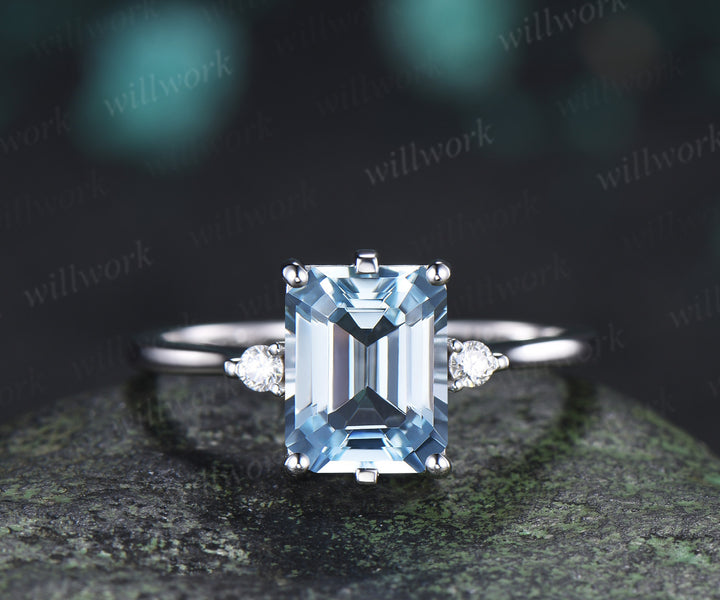 Emerald Cut Aquamarine Engagement Ring Three Stone Moissanite Ring March Birthstone Gift