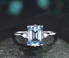 Emerald Cut Aquamarine Engagement Ring Three Stone Moissanite Ring March Birthstone Gift