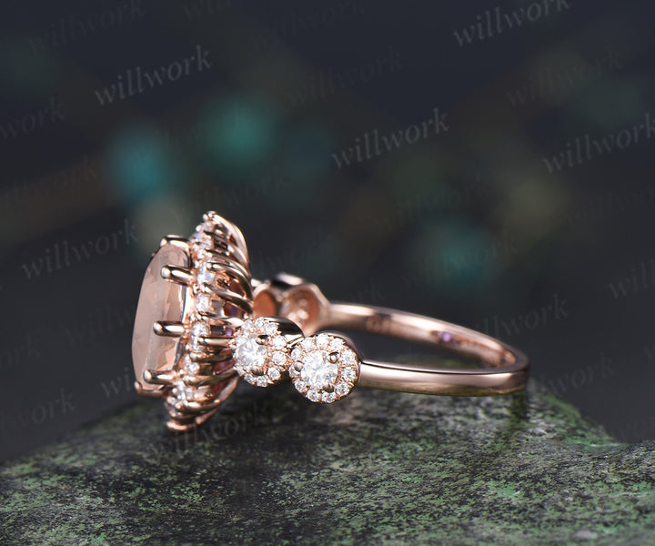 Vintage oval cut morganite engagement ring art deco halo moissanite wedding ring promise anniversary gifts