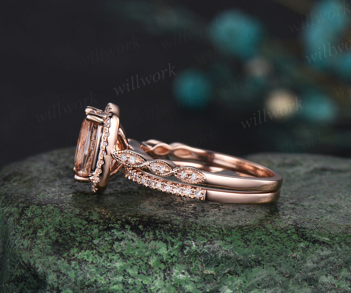 Vintage cushion cut morganite engagement ring set diamond halo milgrain half eternity wedding ring art deco bridal set